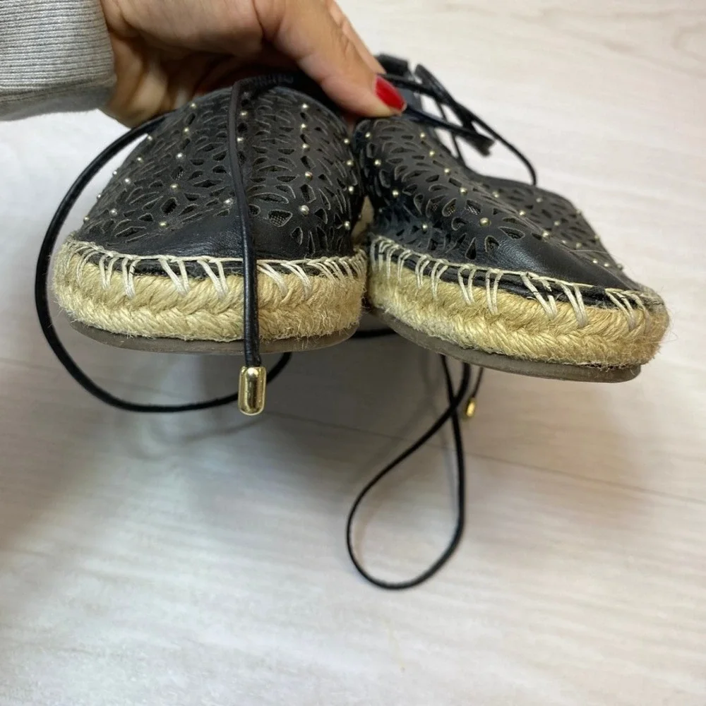 Jasper & Jeera Womens 7B Espadrilles Lace Up Black Leather Laser Cut Studs Boho